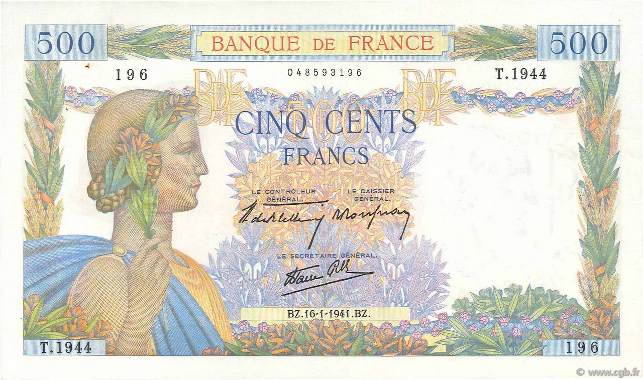 500 Francs LA PAIX FRANCIA  1941 F.32.13 EBC