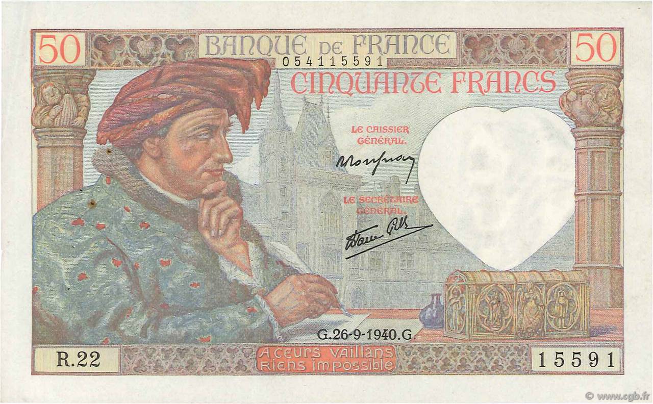 50 Francs JACQUES CŒUR FRANCE  1940 F.19.03 XF-