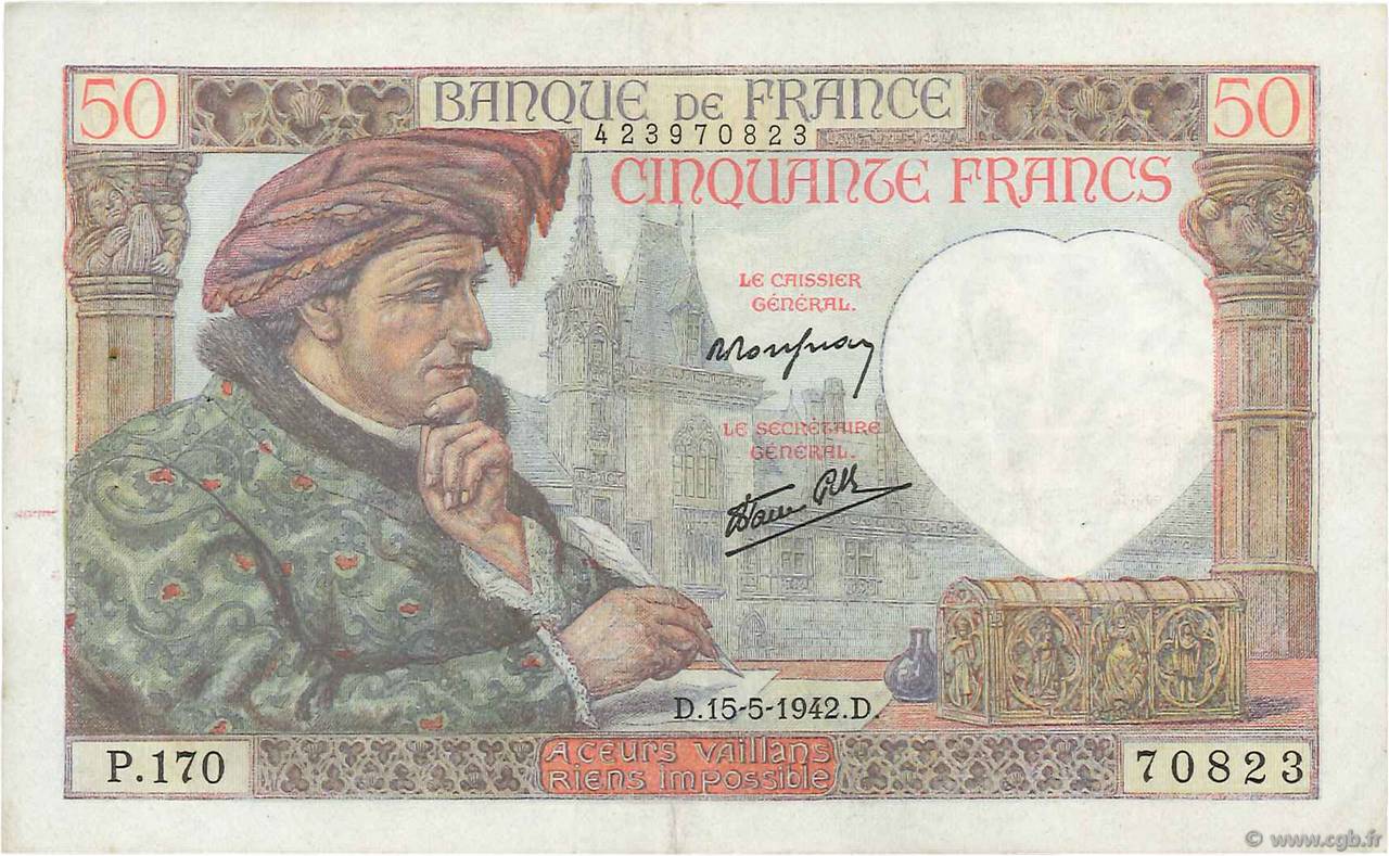 50 Francs JACQUES CŒUR FRANCE  1942 F.19.20 VF