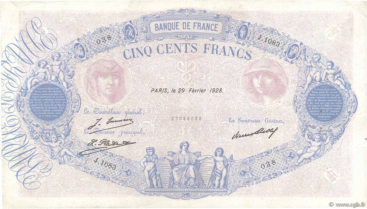 500 Francs BLEU ET ROSE FRANCE  1928 F.30.31 TTB