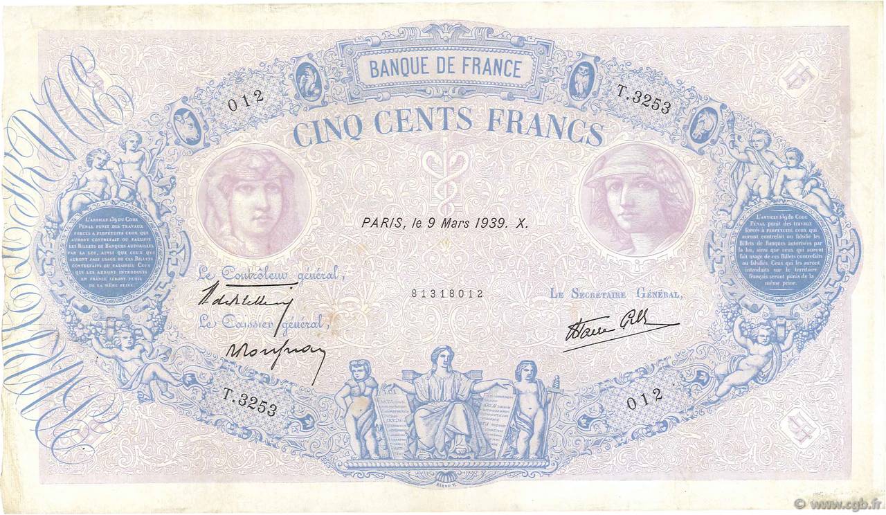 500 Francs BLEU ET ROSE modifié FRANCE  1939 F.31.26 TTB