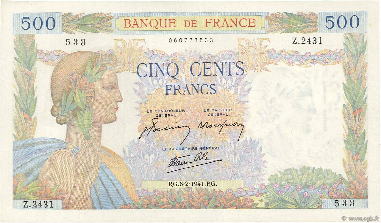 500 Francs LA PAIX FRANCIA  1941 F.32.14 q.SPL