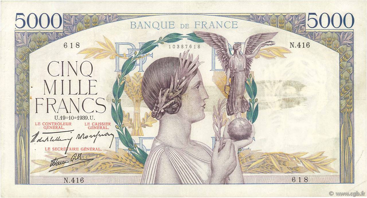 5000 Francs VICTOIRE Impression à plat FRANCE  1939 F.46.15 TTB
