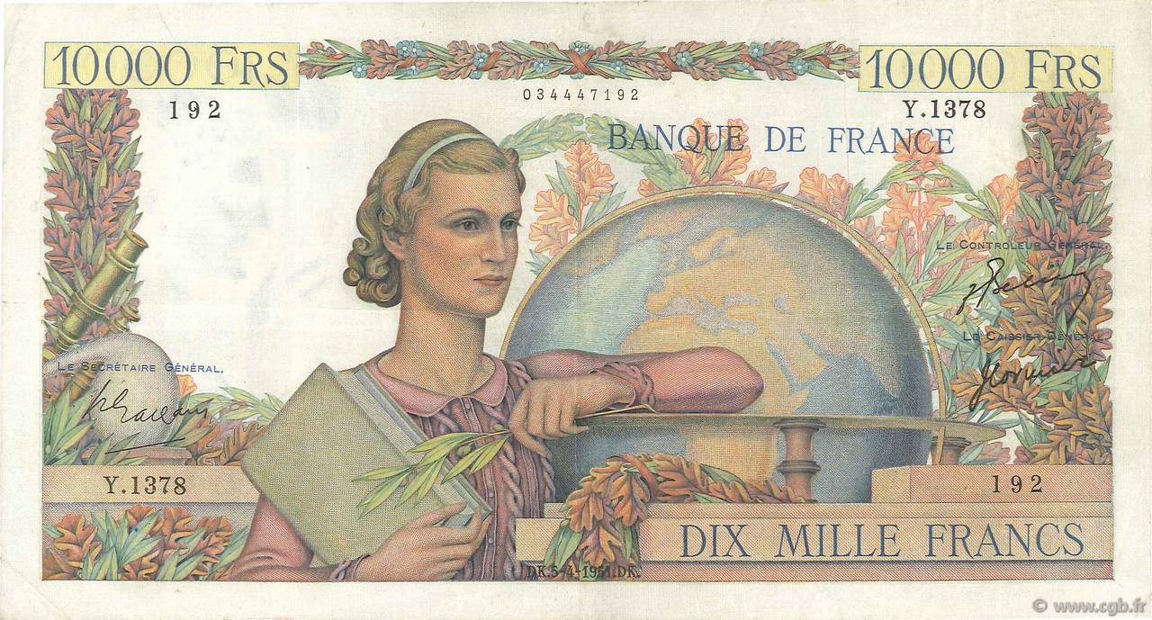 10000 Francs GÉNIE FRANÇAIS FRANCE  1951 F.50.49 VF-