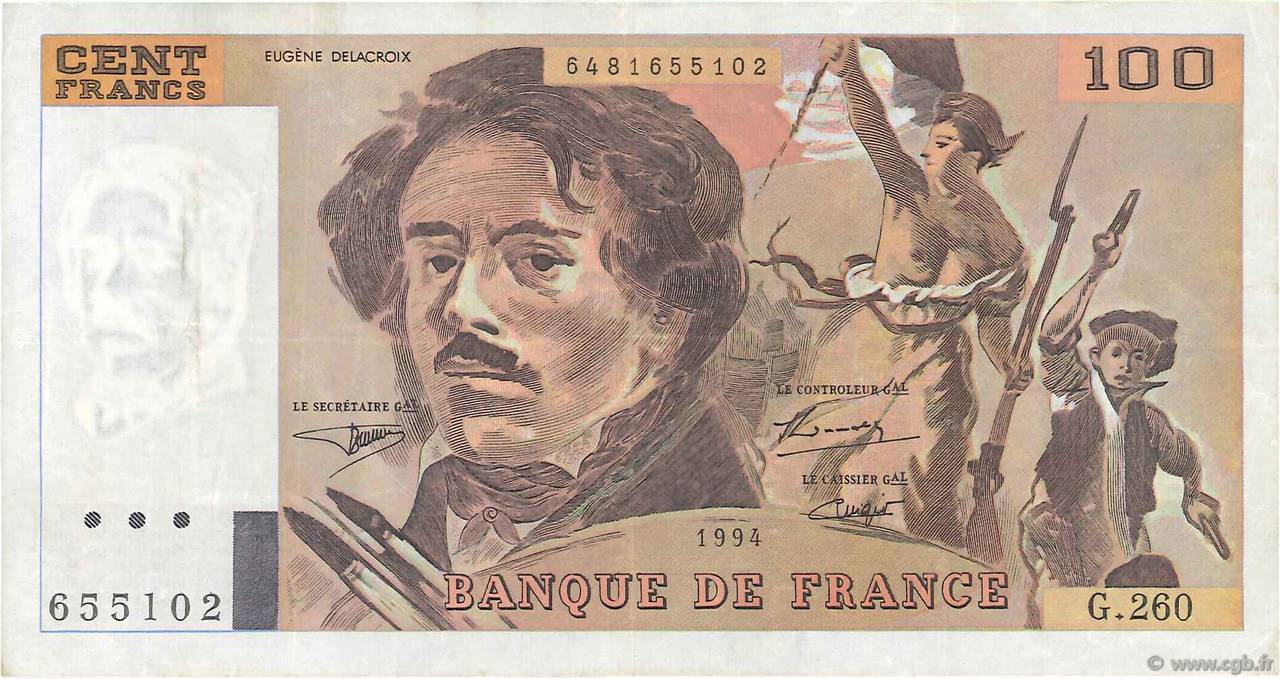 100 Francs DELACROIX 442-1 & 442-2 FRANCIA  1994 F.69ter.01a MBC