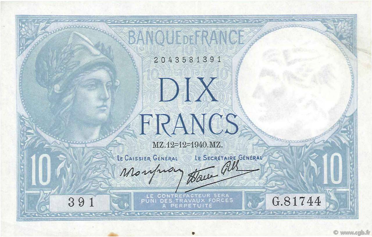 10 Francs MINERVE modifié FRANCE  1940 F.07.24 VF+
