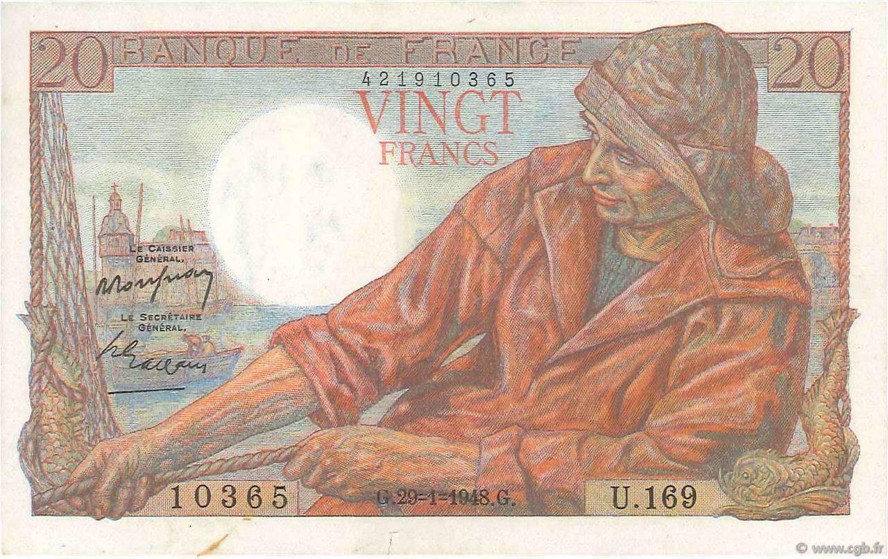 20 Francs PÊCHEUR FRANKREICH  1948 F.13.12 fVZ