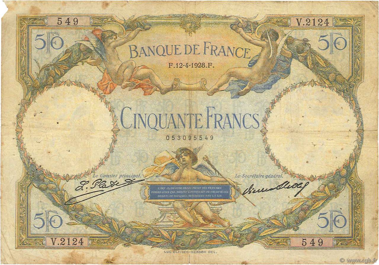 50 Francs LUC OLIVIER MERSON FRANKREICH  1928 F.15.02 SGE