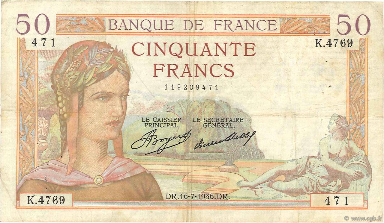 50 Francs CÉRÈS FRANKREICH  1936 F.17.28 S