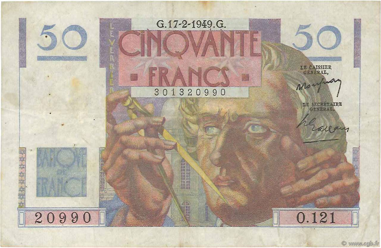 50 Francs LE VERRIER FRANCIA  1949 F.20.11 BC+