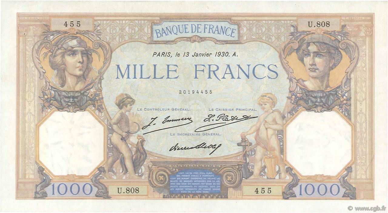 1000 Francs CÉRÈS ET MERCURE FRANKREICH  1930 F.37.04 fVZ