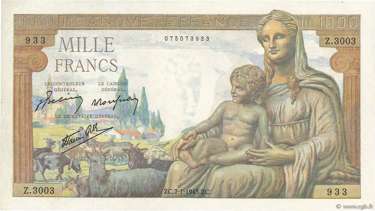 1000 Francs DÉESSE DÉMÉTER FRANCE  1943 F.40.15 XF+