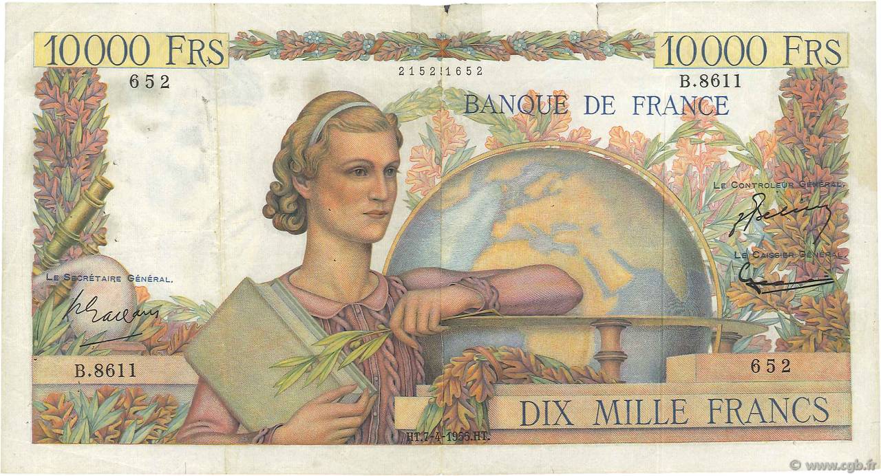 10000 Francs GÉNIE FRANÇAIS FRANKREICH  1955 F.50.74 S to SS