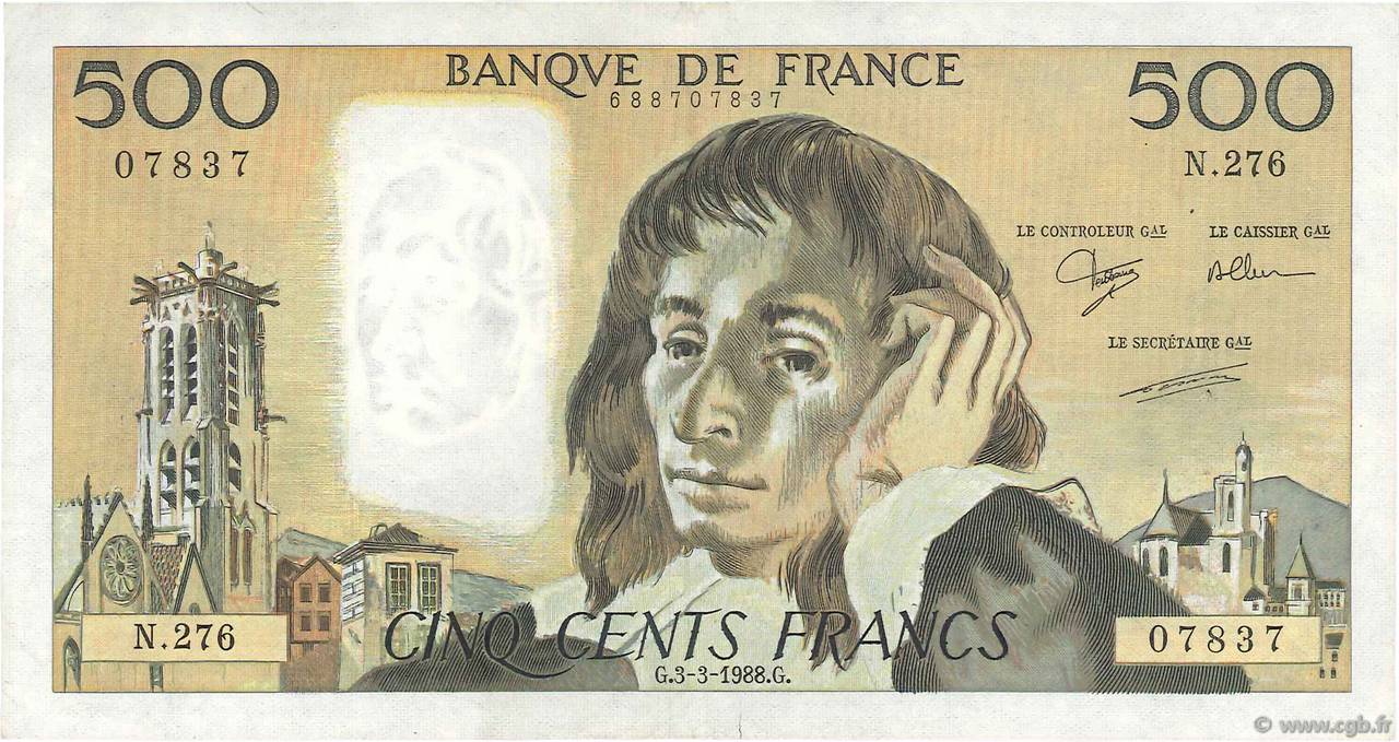 500 Francs PASCAL FRANCE  1988 F.71.38 VF