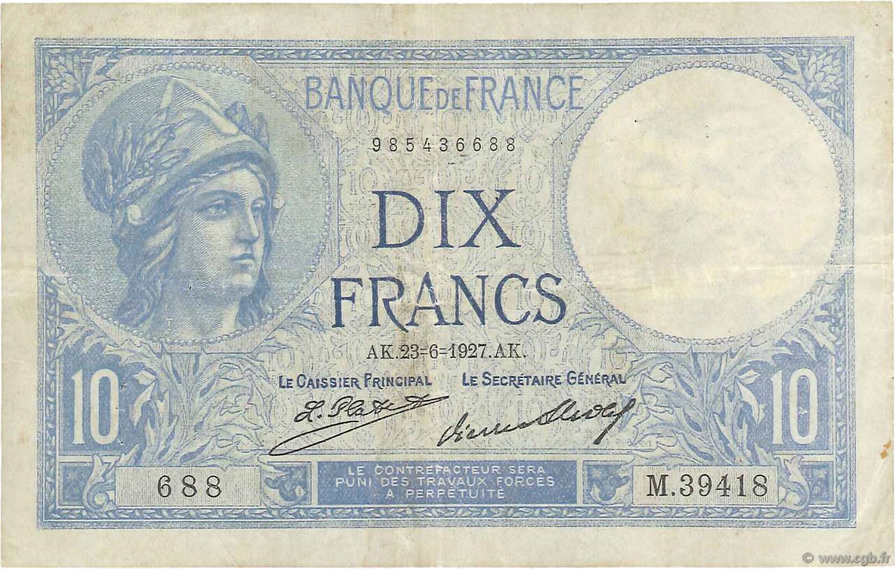 10 Francs MINERVE FRANCE  1927 F.06.12 F