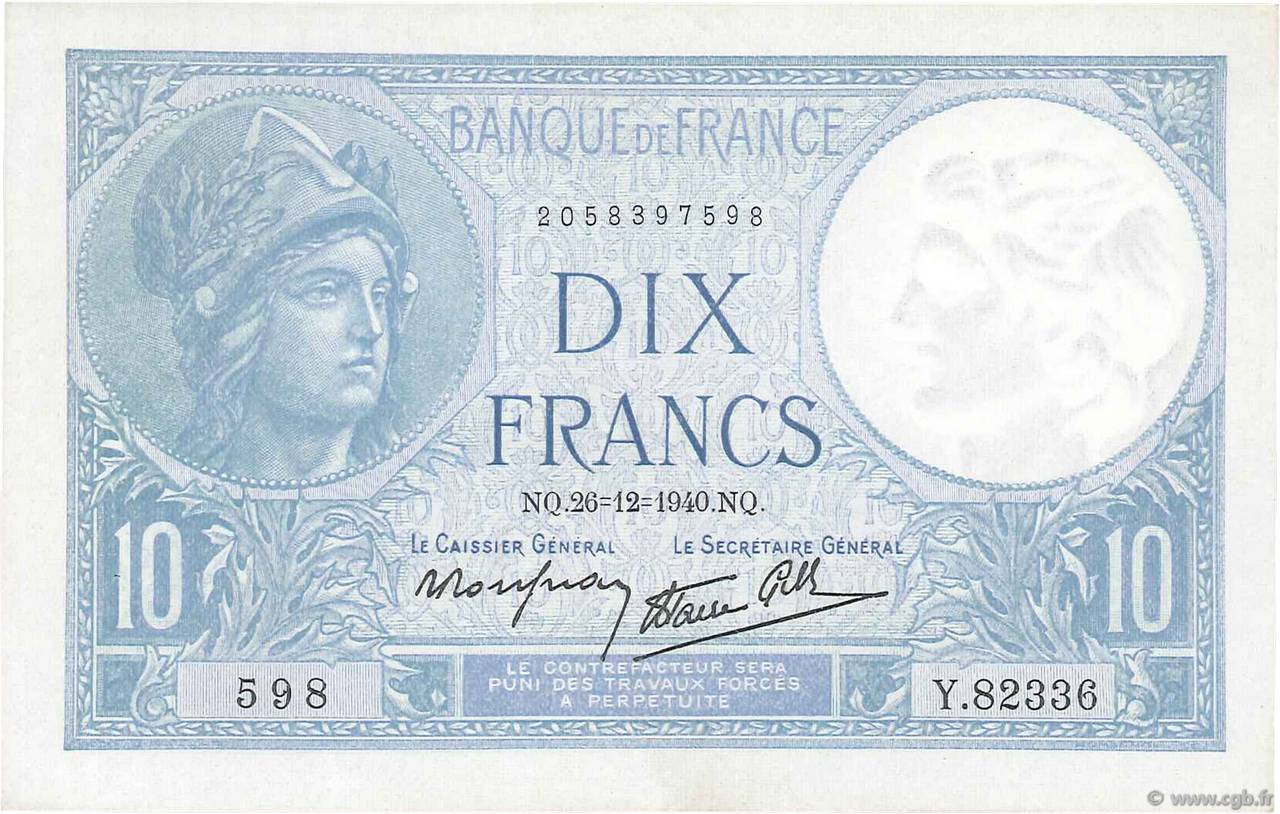 10 Francs MINERVE modifié FRANCIA  1940 F.07.25 q.AU