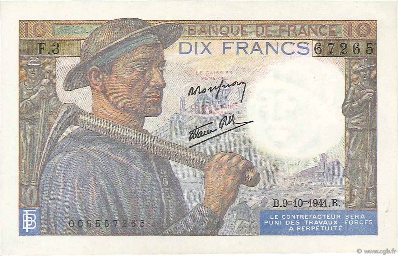10 Francs MINEUR FRANKREICH  1941 F.08.02 VZ