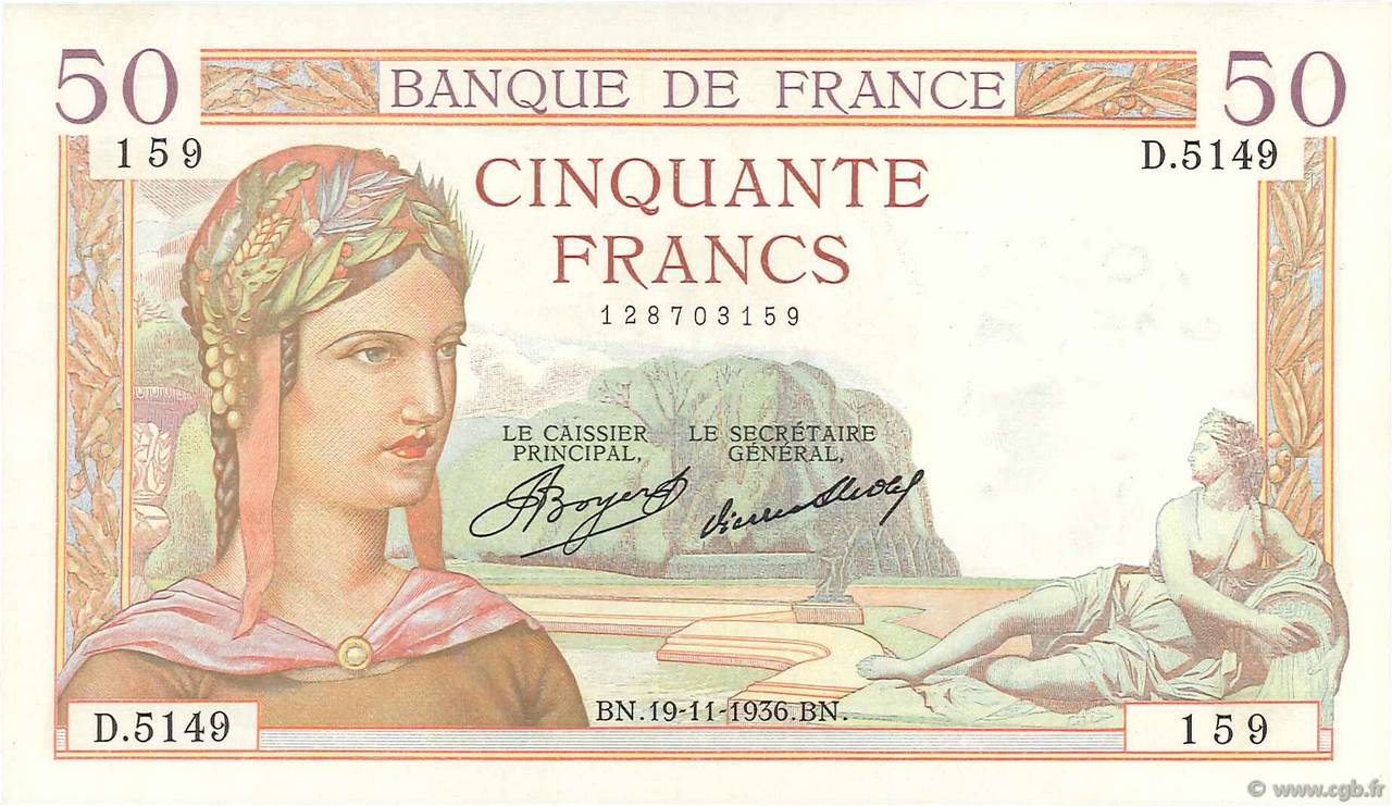 50 Francs CÉRÈS FRANCE  1936 F.17.31 XF+