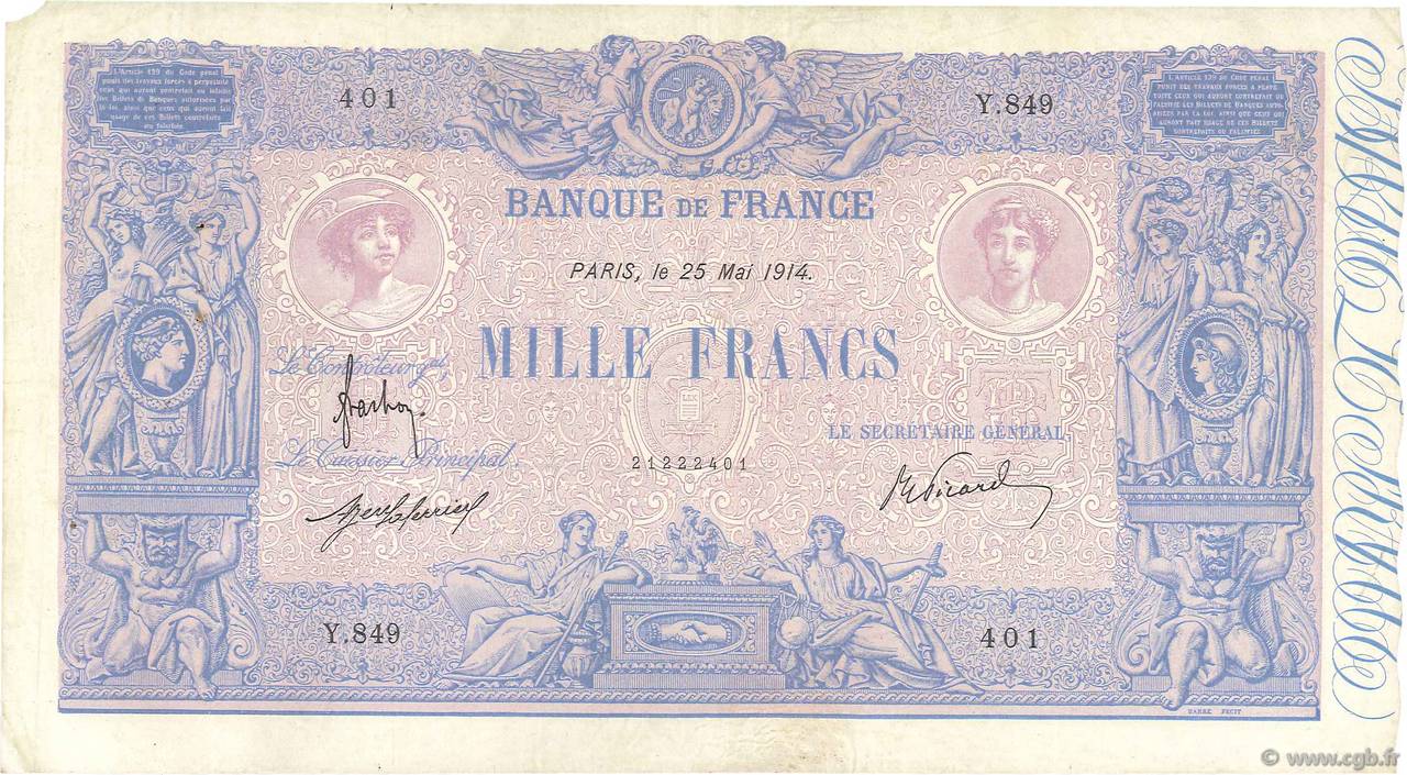 1000 Francs BLEU ET ROSE FRANCIA  1914 F.36.28 MB