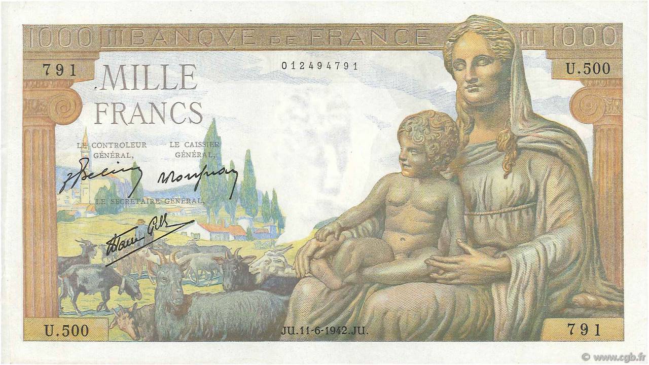 1000 Francs DÉESSE DÉMÉTER FRANCE  1942 F.40.02 VF+