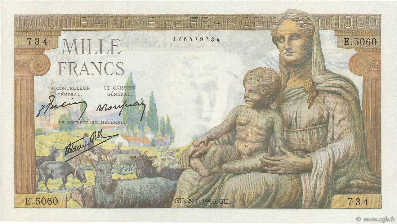 1000 Francs DÉESSE DÉMÉTER FRANCIA  1943 F.40.22 q.FDC