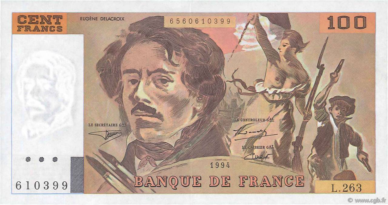 100 Francs DELACROIX 442-1 & 442-2 FRANCE  1994 F.69ter.01b VF+