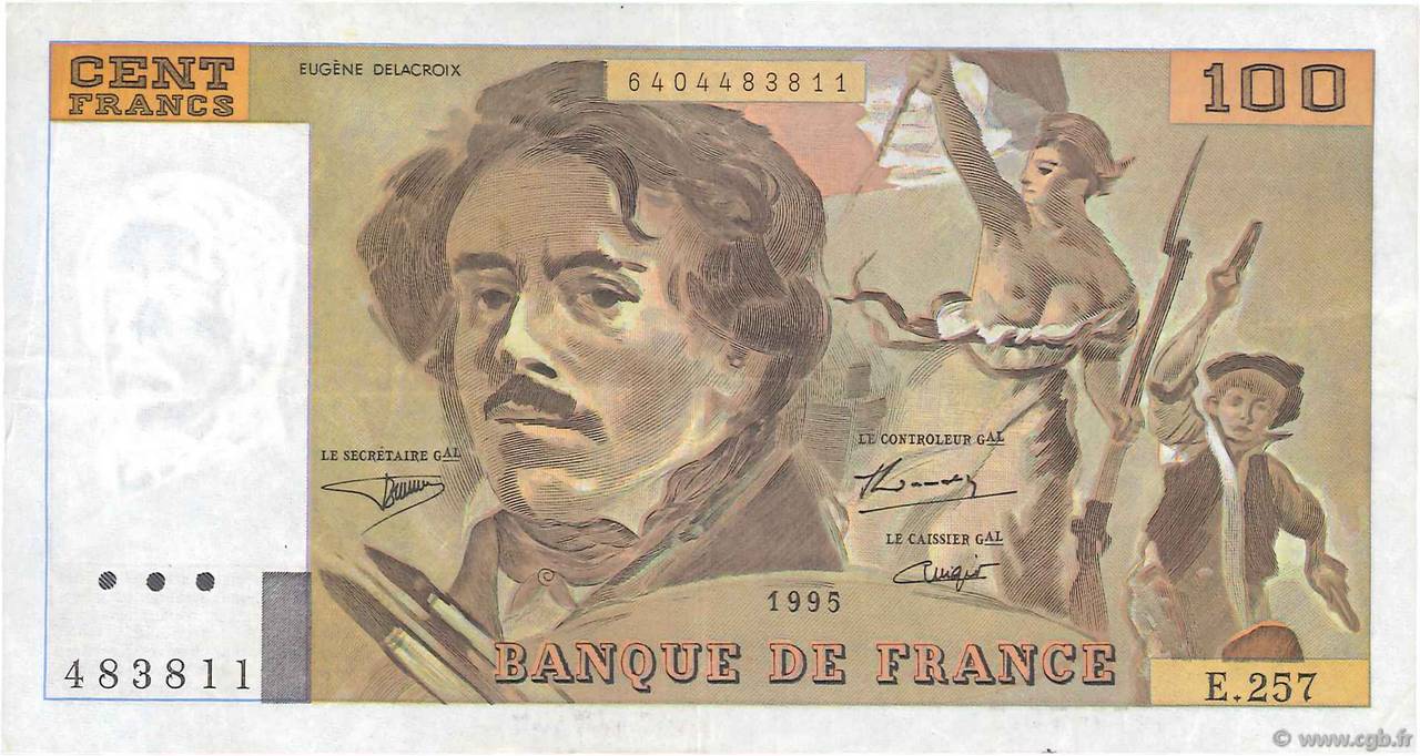 100 Francs DELACROIX 442-1 & 442-2 FRANCE  1995 F.69ter.02a VF