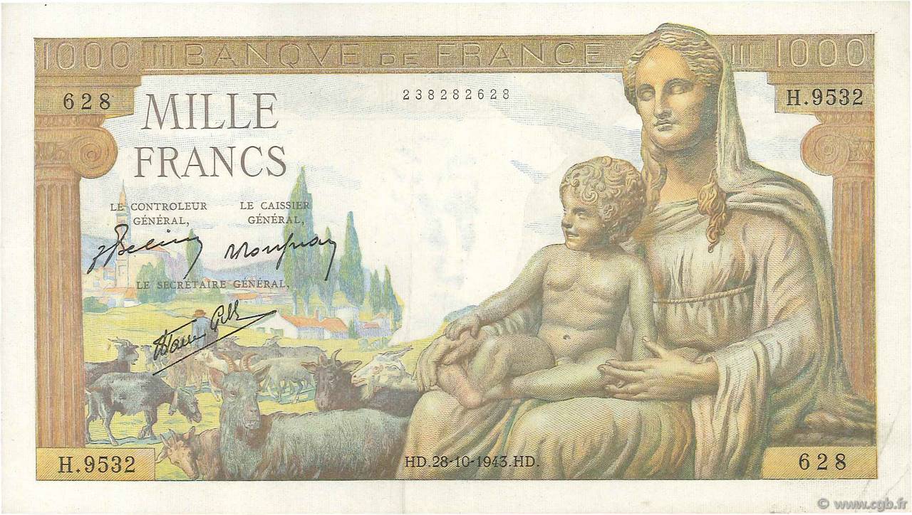 1000 Francs DÉESSE DÉMÉTER FRANCIA  1943 F.40.38 BB