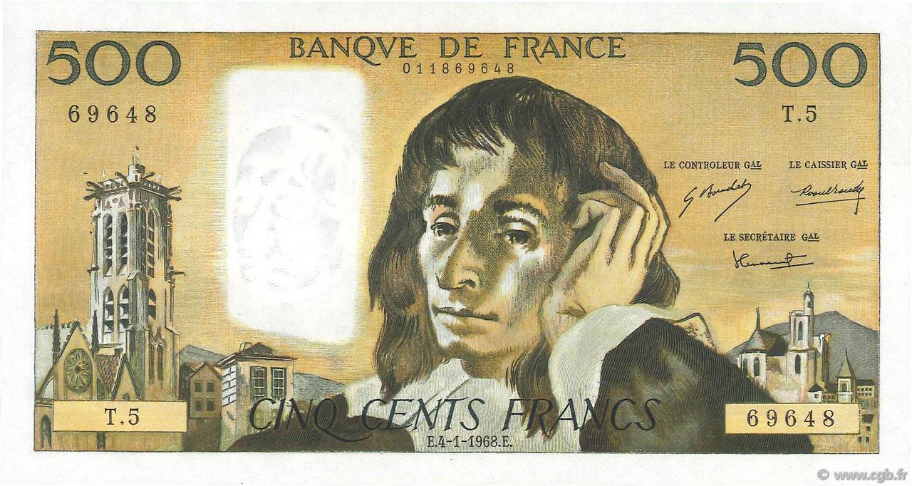 500 Francs PASCAL FRANCIA  1968 F.71.01 q.AU