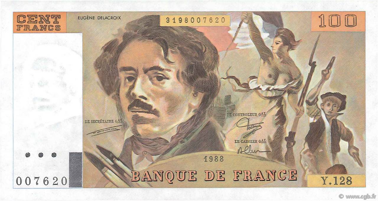 100 Francs DELACROIX modifié Fauté FRANCIA  1988 F.69.12 SC+