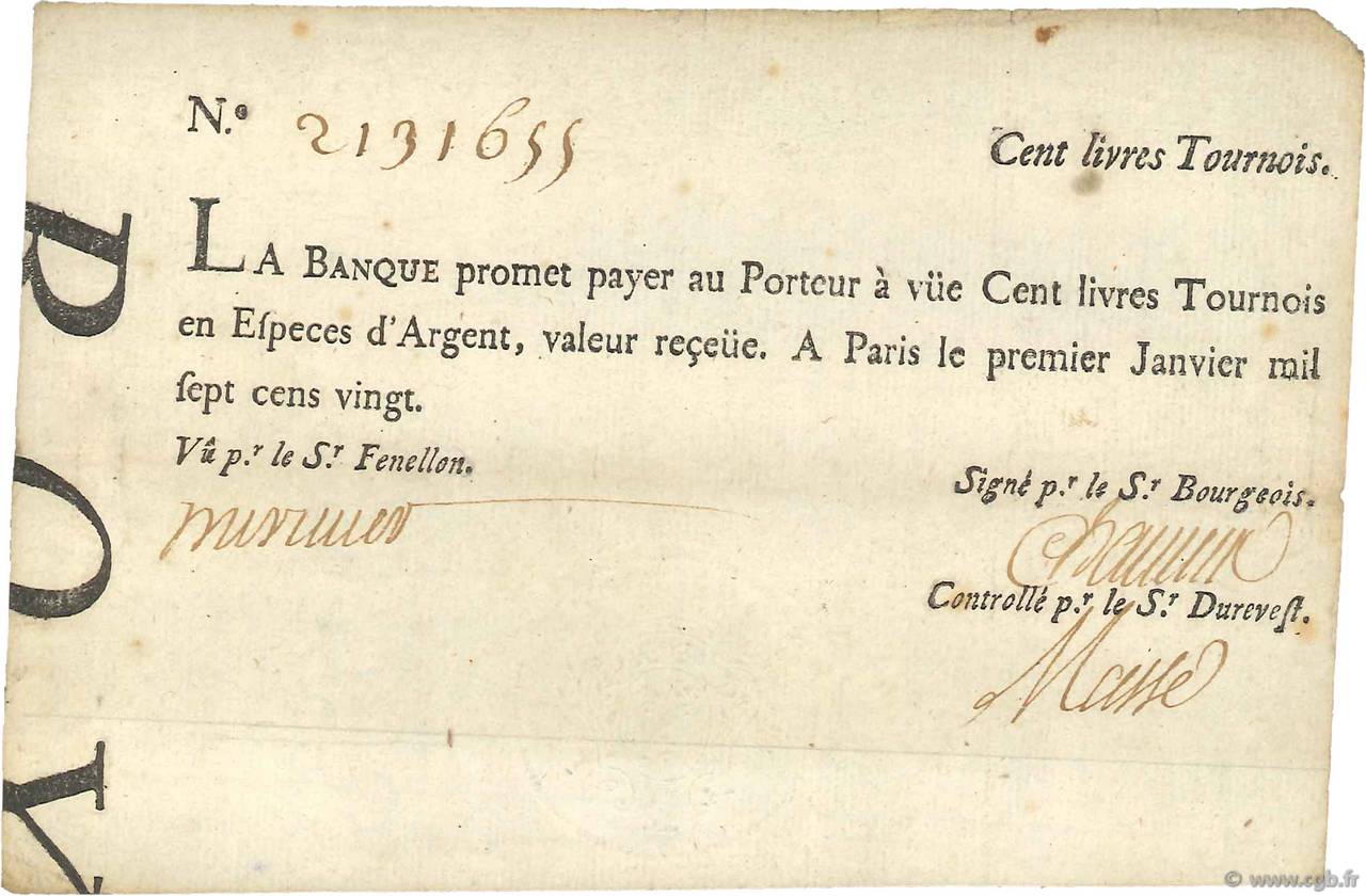 100 Livres Tournois typographié FRANCE  1720 Dor.26 TTB+