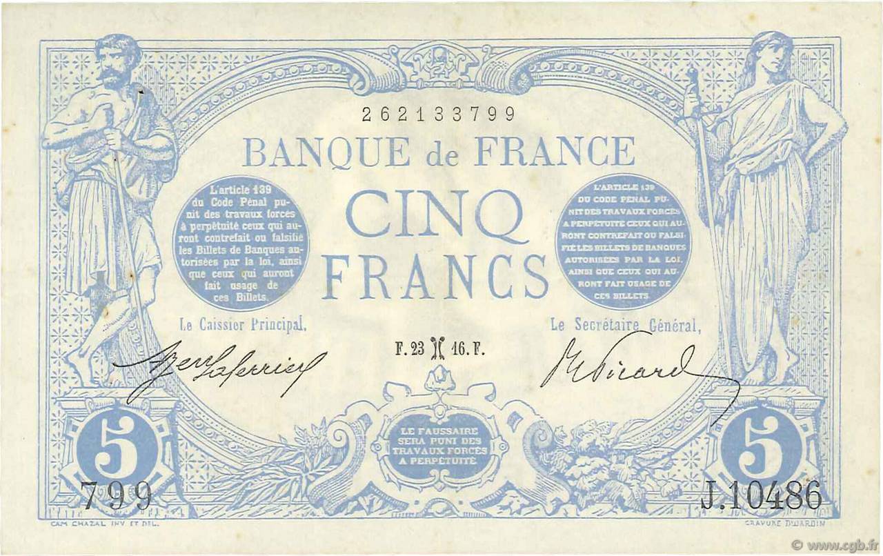 5 Francs BLEU FRANCIA  1916 F.02.36 MBC