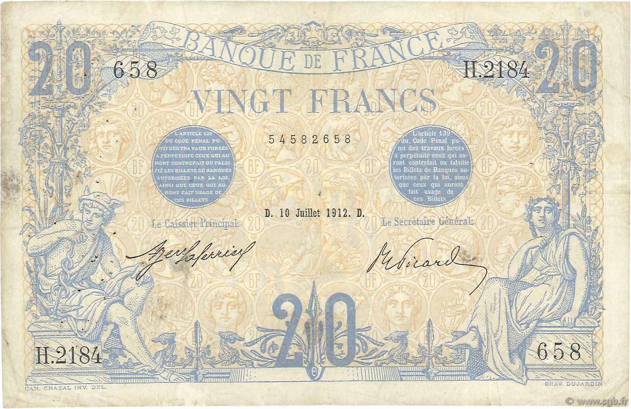20 Francs BLEU FRANCIA  1912 F.10.02 q.MB