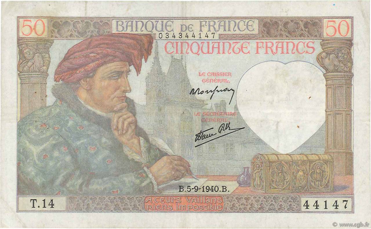 50 Francs JACQUES CŒUR FRANKREICH  1940 F.19.02 S