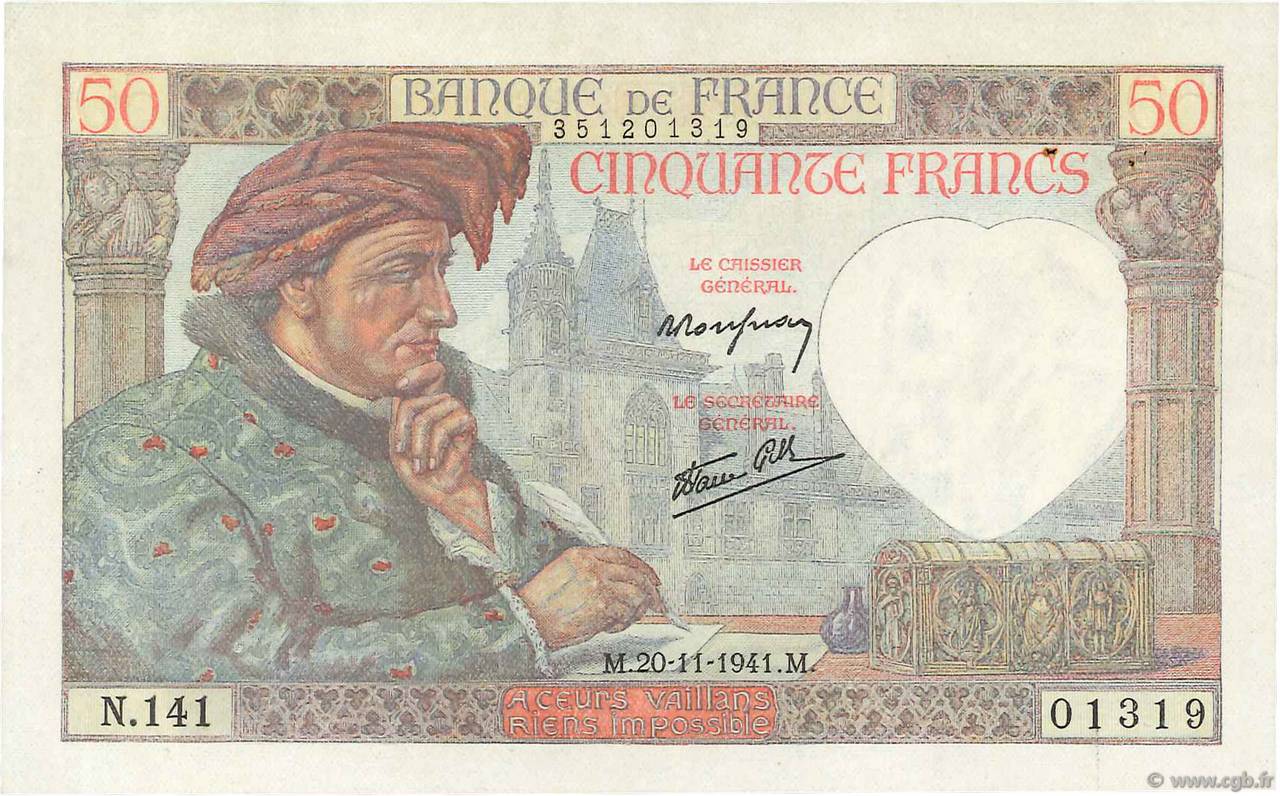 50 Francs JACQUES CŒUR FRANKREICH  1941 F.19.16 VZ