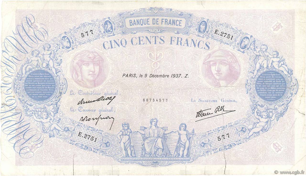500 Francs BLEU ET ROSE modifié FRANCIA  1937 F.31.05 B