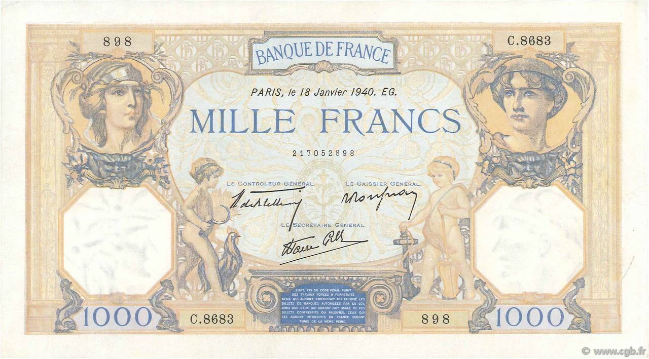1000 Francs CÉRÈS ET MERCURE type modifié FRANCE  1940 F.38.41 pr.SUP