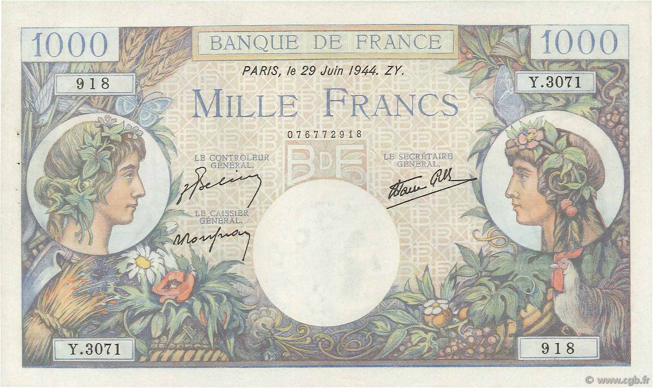 1000 Francs COMMERCE ET INDUSTRIE FRANCE  1944 F.39.09 XF-