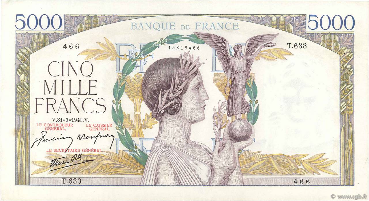 5000 Francs VICTOIRE Impression à plat FRANCE  1941 F.46.24 VF+