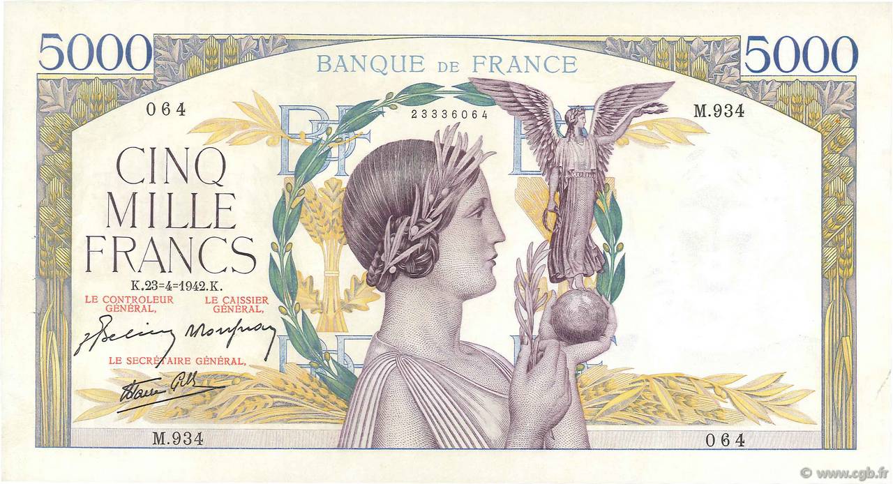 5000 Francs VICTOIRE Impression à plat FRANKREICH  1942 F.46.37 fVZ