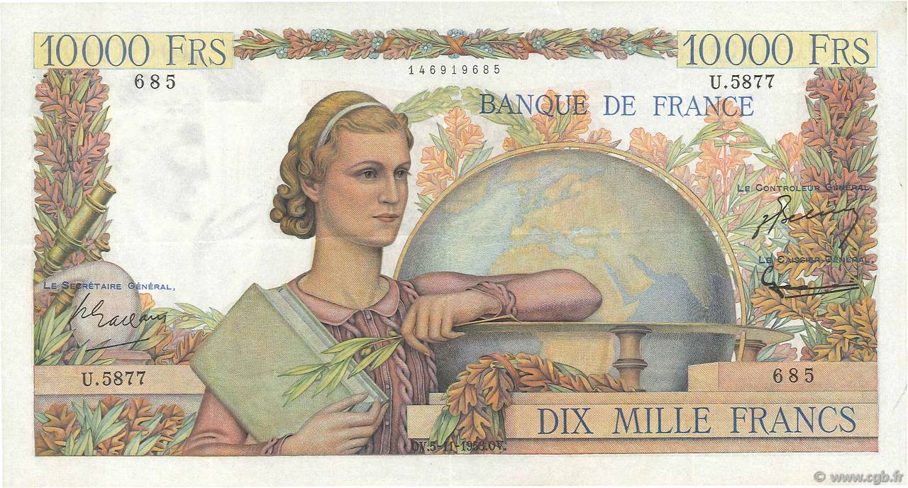 10000 Francs GÉNIE FRANÇAIS FRANCE  1953 F.50.68 VF