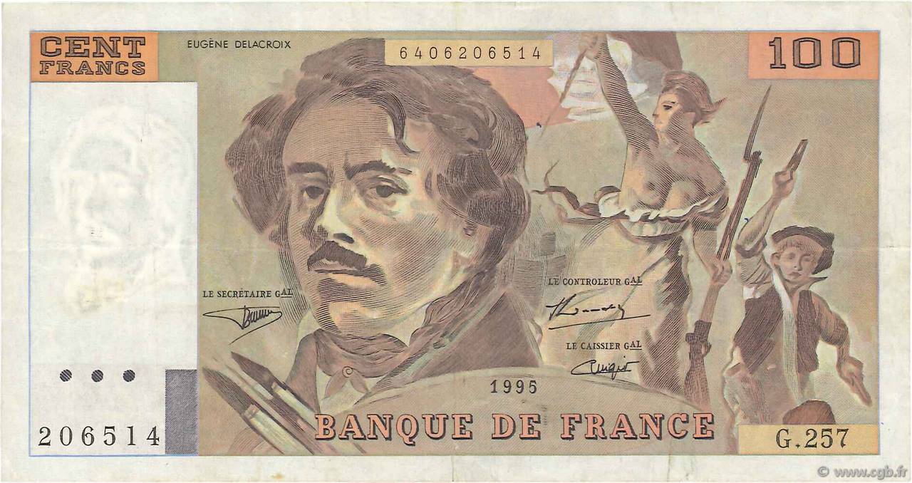 100 Francs DELACROIX 442-1 & 442-2 FRANCE  1995 F.69ter.02a VF-