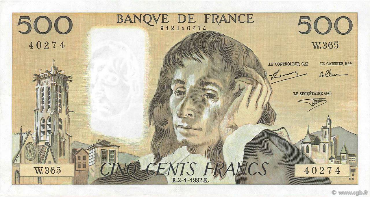 500 Francs PASCAL FRANCE  1992 F.71.49 VF