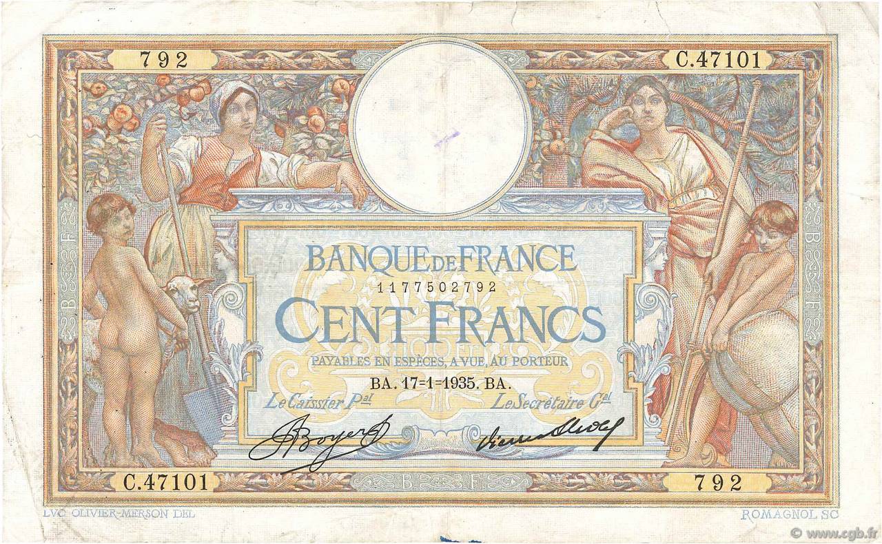 100 Francs LUC OLIVIER MERSON grands cartouches FRANCIA  1935 F.24.14 BC