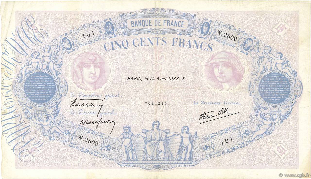 500 Francs BLEU ET ROSE modifié FRANCIA  1938 F.31.08 BC