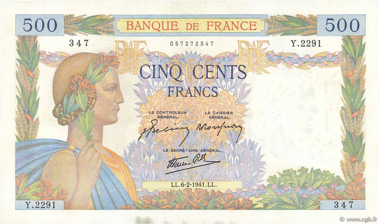 500 Francs LA PAIX FRANCIA  1941 F.32.14 q.SPL
