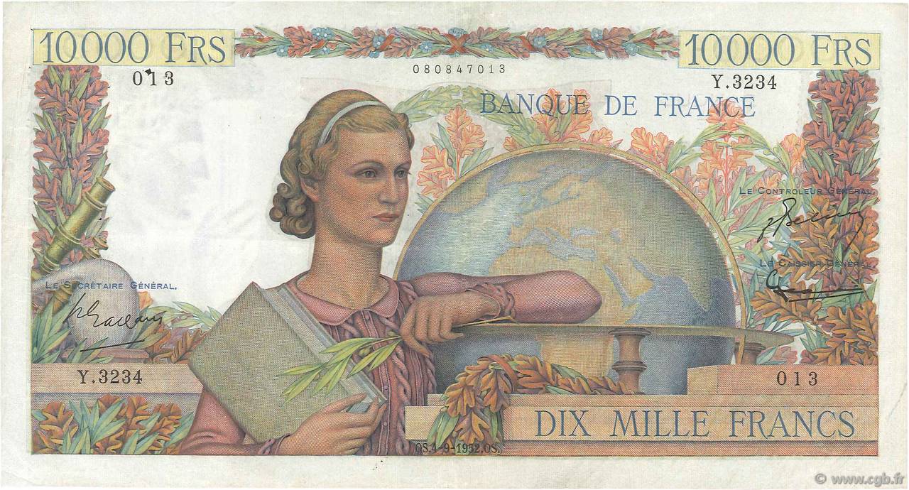 10000 Francs GÉNIE FRANÇAIS FRANCE  1952 F.50.60 VF-