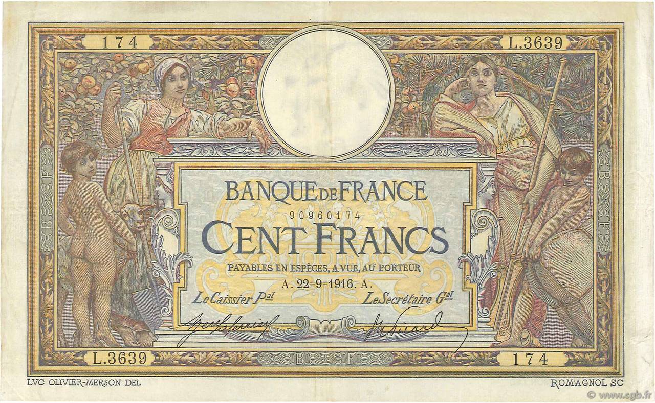 100 Francs LUC OLIVIER MERSON sans LOM FRANCE  1916 F.23.08 VF-