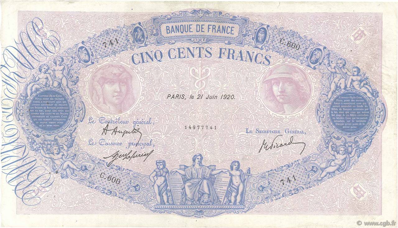 500 Francs BLEU ET ROSE FRANCIA  1920 F.30.24 BB