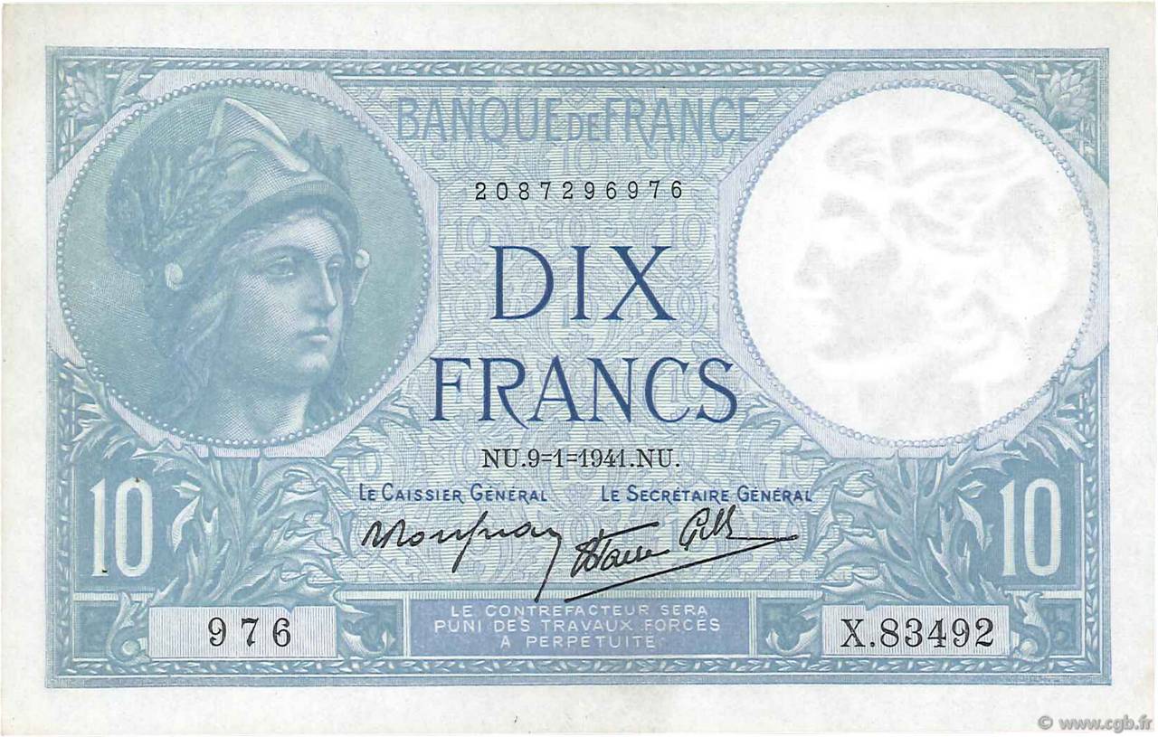 10 Francs MINERVE modifié FRANCE  1941 F.07.27 VF+